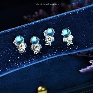 Space Astronaut Stud Earrings Natural Moonstone Crystal Earrings Sterling Silver